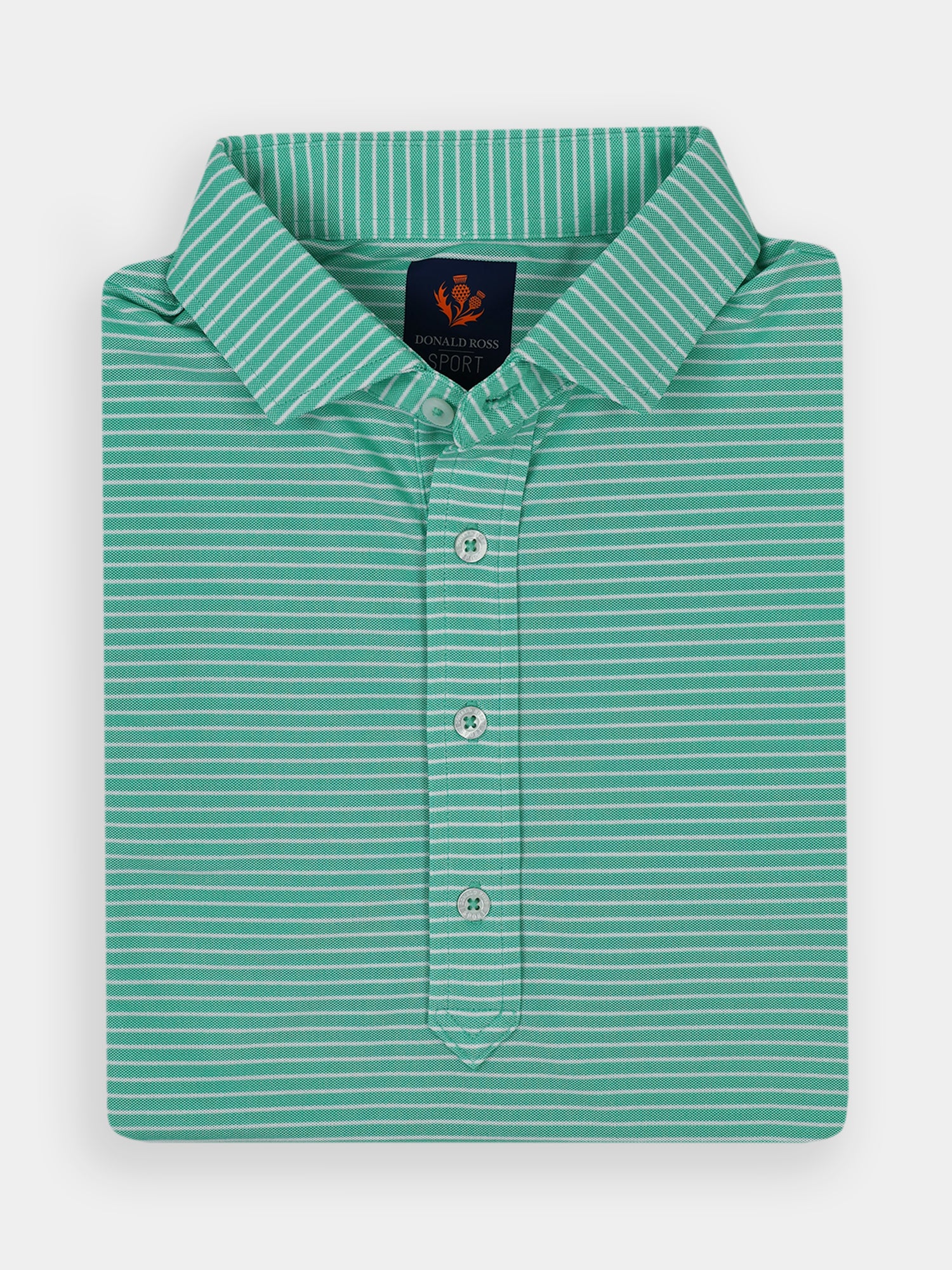 Folded turquoise golf polo shirt with thin white stripes, buttoned placket, performance fabric, and a neat collar