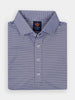 Blue and white striped polo shirt, neatly folded. Features a collared neckline, button placket, and performance fabric