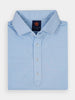 Folded light blue polo shirt with white stripes, featuring a structured collar and three buttons
