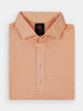 Folded orange polo shirt with white horizontal stripes, featuring a button-up front