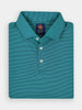 Folded teal and blue striped polo shirt with a collar, featuring three white buttons and performance fabric