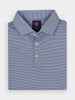 Folded blue and white striped polo shirt for golfers with a classic collar and performance fabric