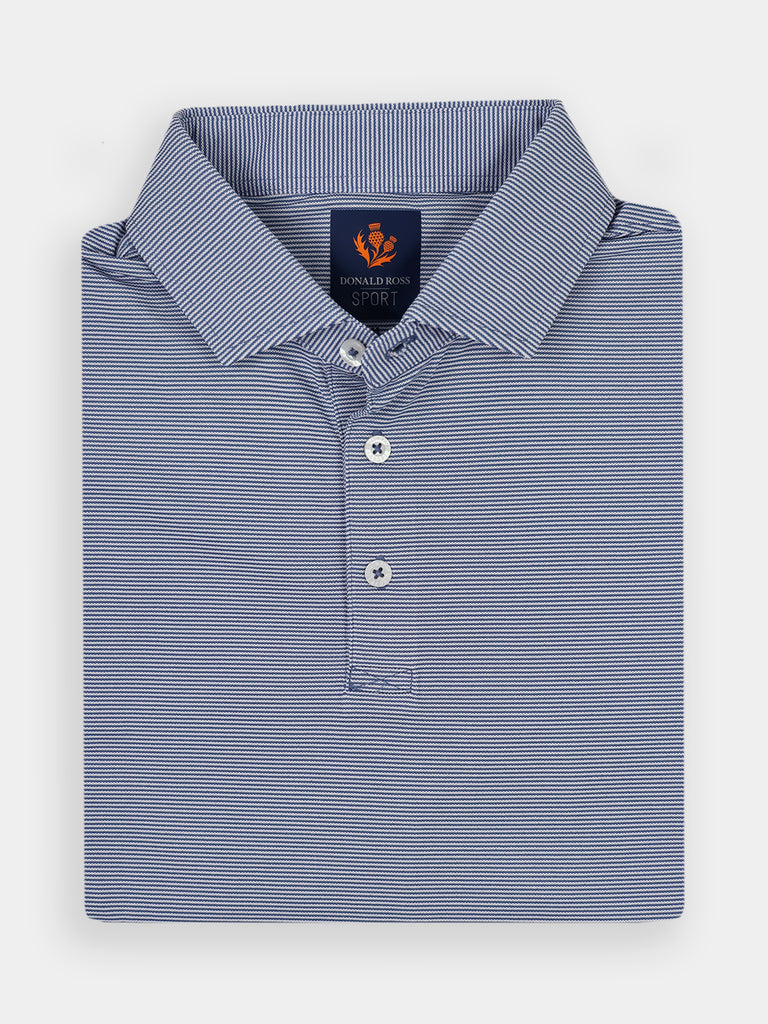 Folded blue and white striped polo shirt for golfers with a classic collar and performance fabric
