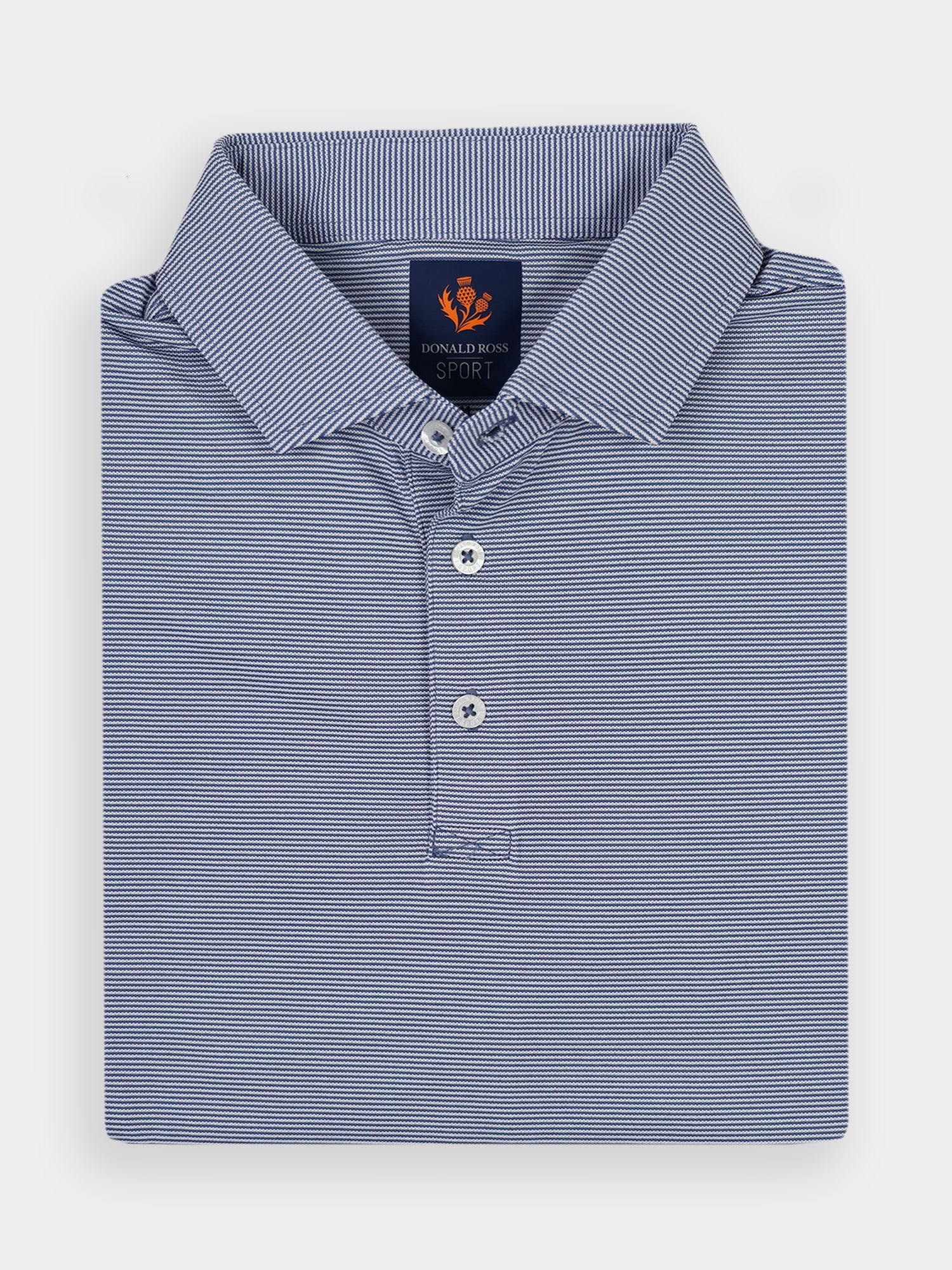 Folded blue and white striped polo shirt for golfers with a classic collar and performance fabric