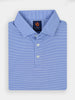Close-up of a neatly folded blue striped polo shirt with thin white stripes and three buttons
