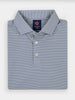Folded striped polo shirt in blue and white with a collar, buttons, and performance fabric