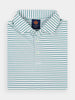 Folded white polo shirt with thin blue and green horizontal stripes. Features a structured collar and a performance fabric