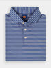 Blue and white striped polo shirt neatly folded, with a collar and three buttons