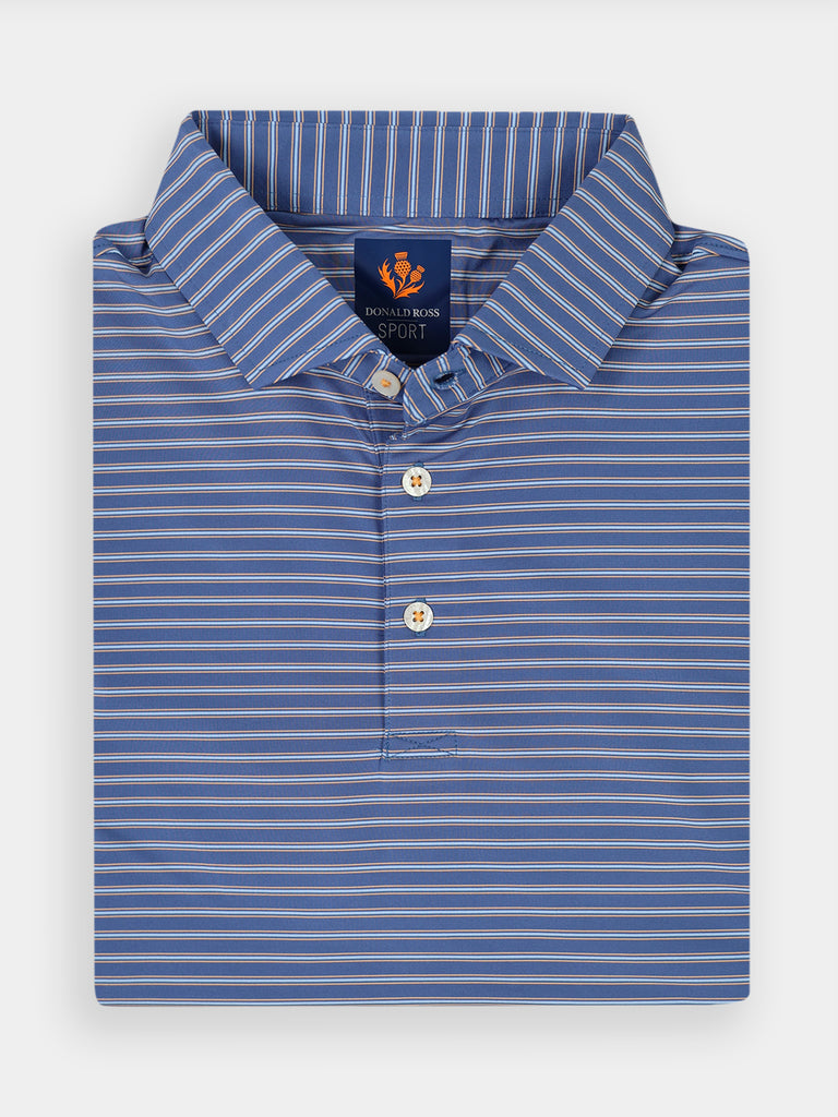 Blue and white striped polo shirt neatly folded, with a collar and three buttons