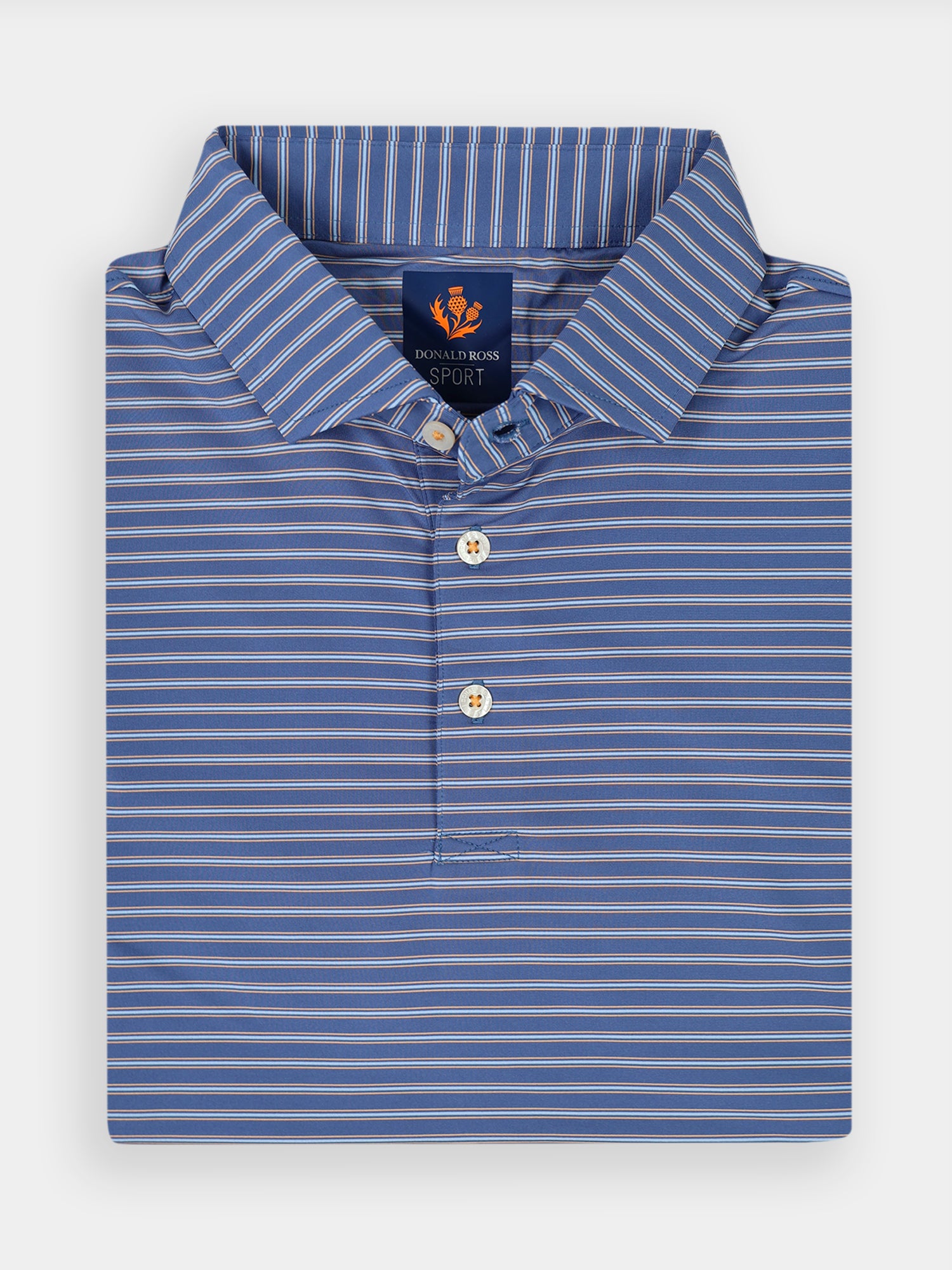 Blue and white striped polo shirt neatly folded, with a collar and three buttons
