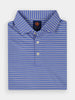 Blue polo shirt with white and yellow stripes, neatly folded. Features a collar, three buttons, and performance fabric