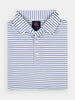 Folded gray golf polo shirt with red striped inner collar, three white buttons, and a logo label inside