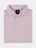 Folded white polo shirt with red and navy horizontal stripes, featuring a three-button placket