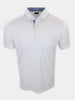 White polo shirt with a striped collar displayed against a plain background.