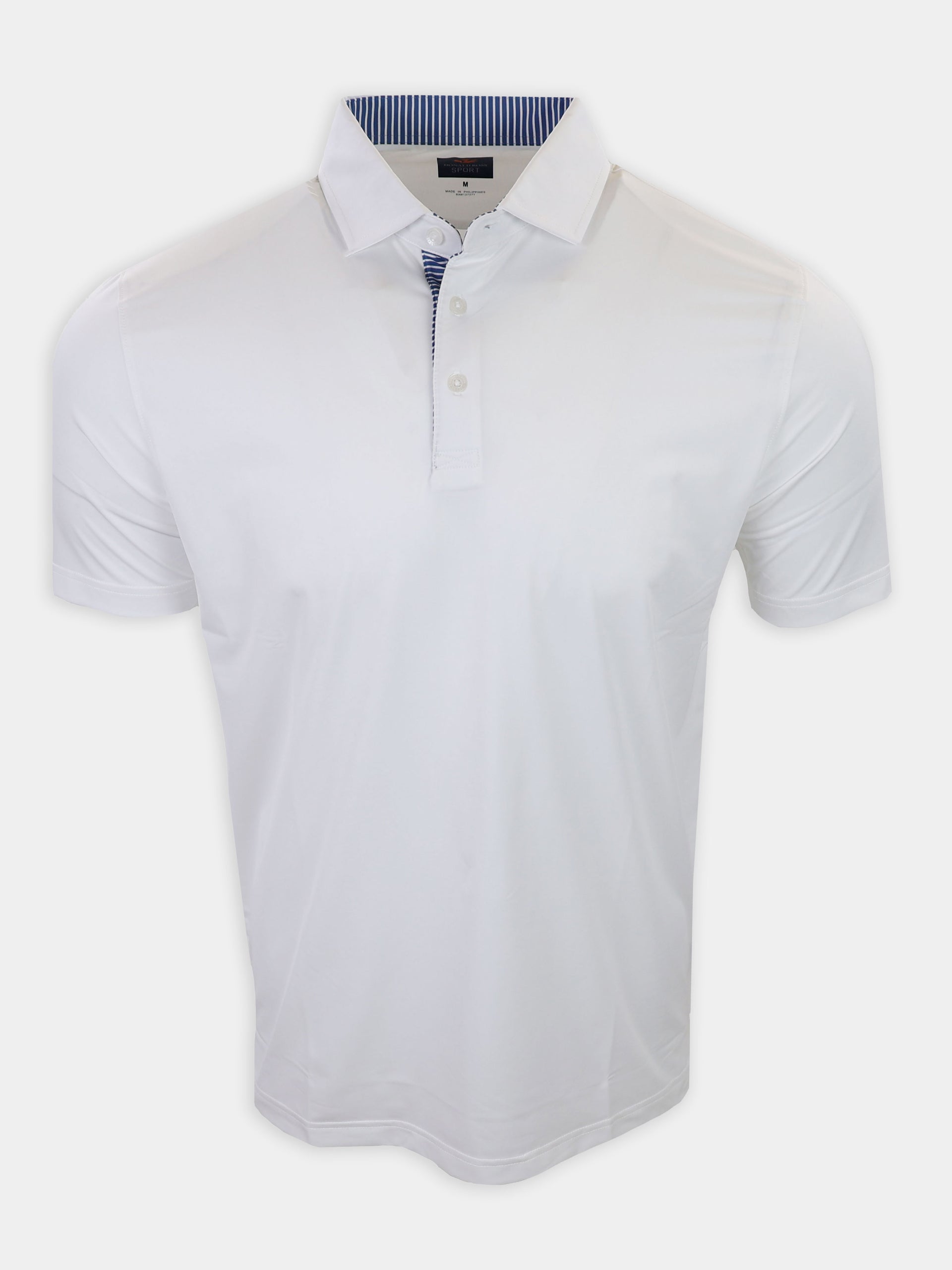 White polo shirt with a striped collar displayed against a plain background.