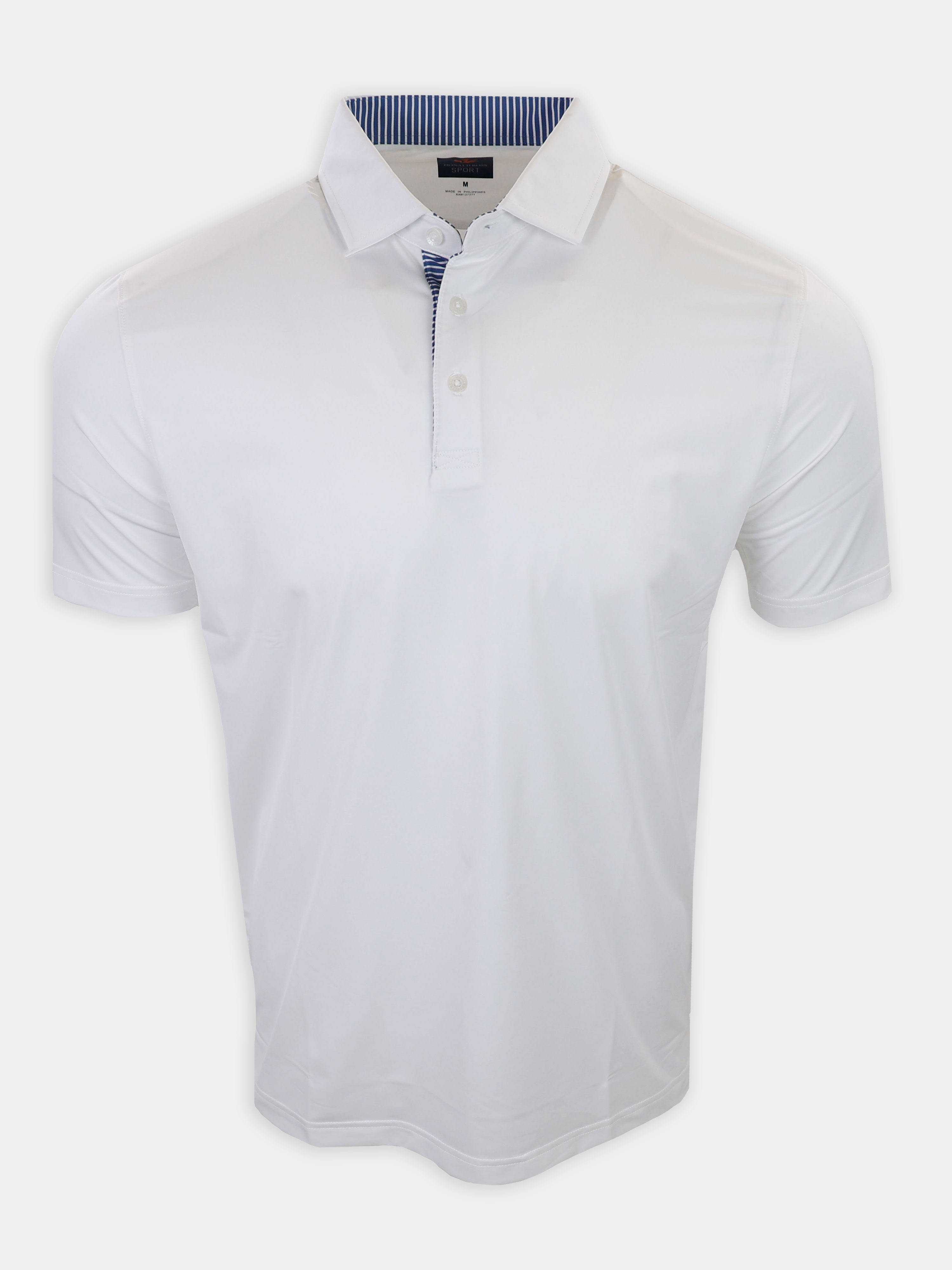 White polo shirt with a striped collar displayed against a plain background.