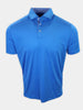 Short-sleeved blue polo shirt with a collared neck shown against a plain background.