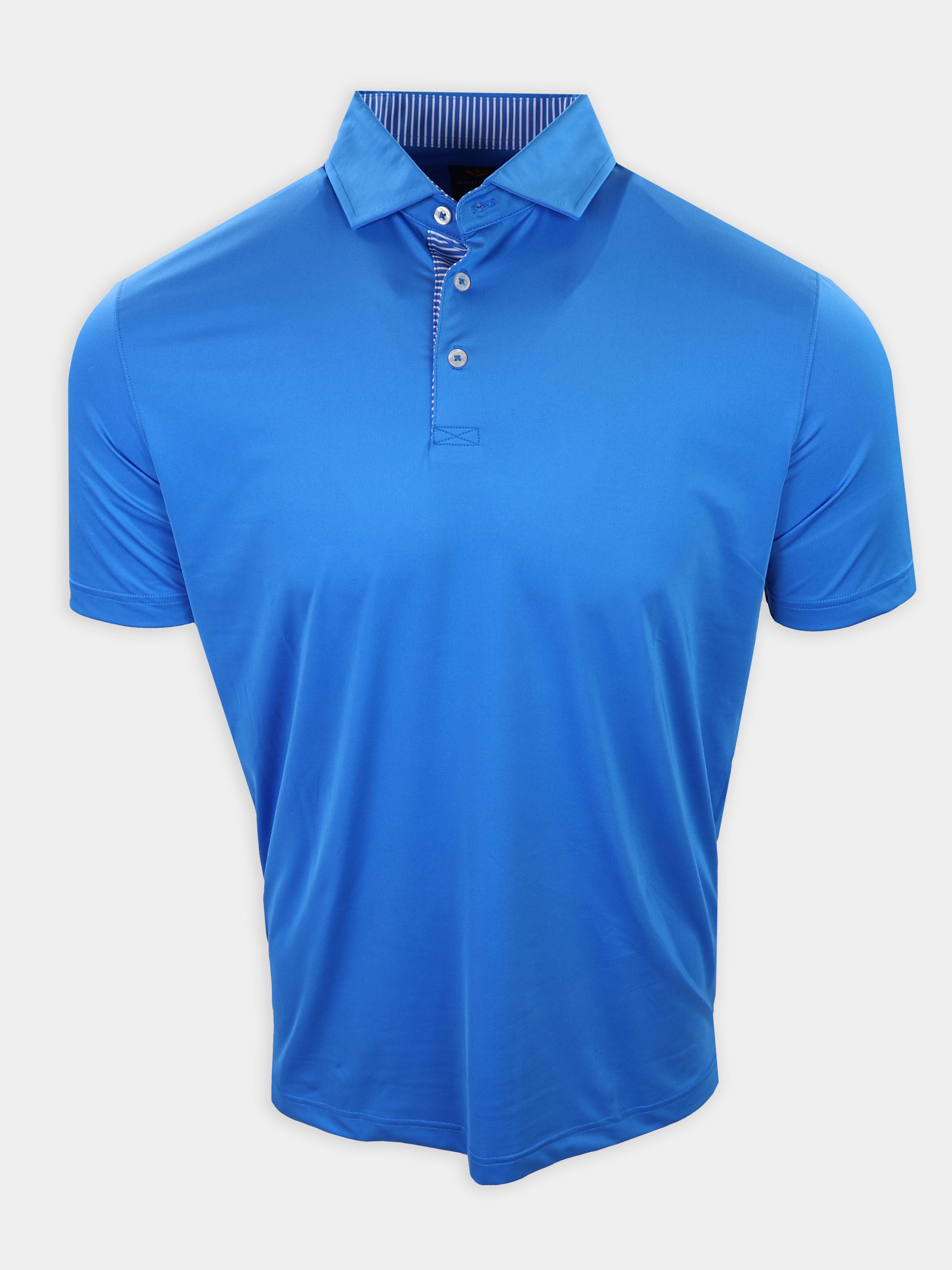 Short-sleeved blue polo shirt with a collared neck shown against a plain background.