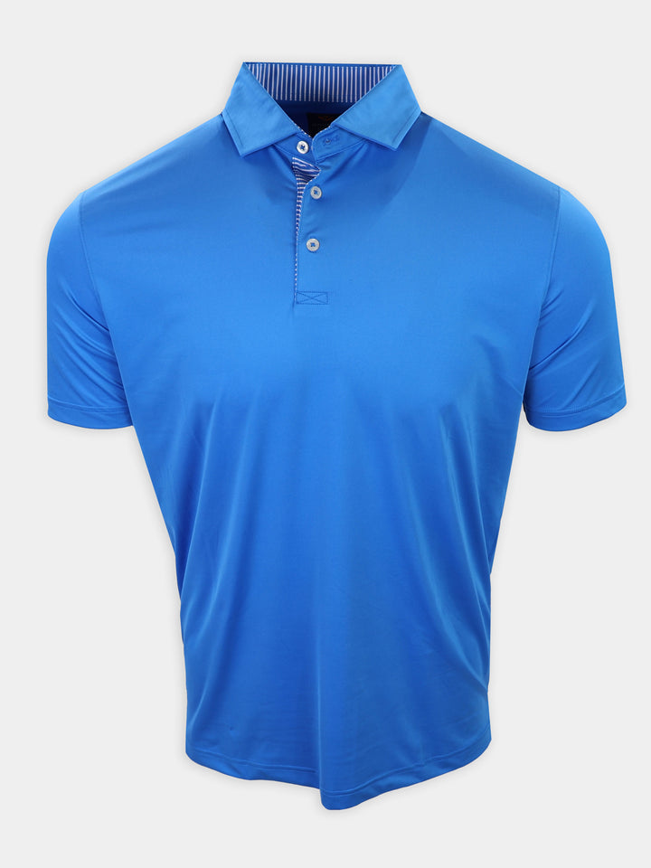 Short-sleeved blue polo shirt with a collared neck shown against a plain background.