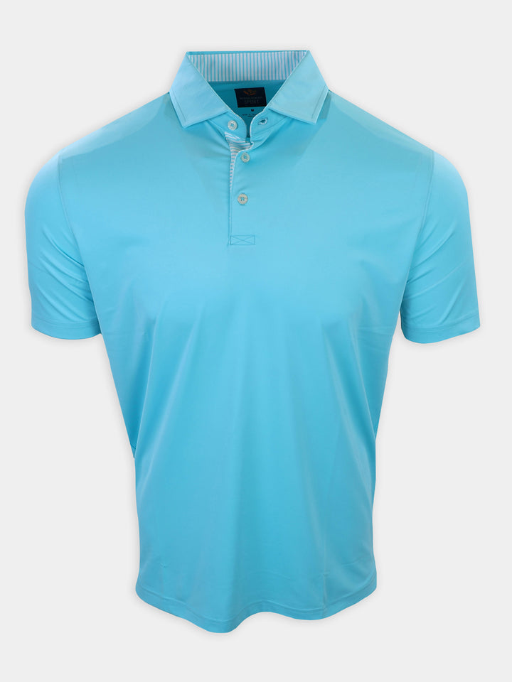 Light blue polo shirt displayed front-facing with a short collar and buttons.