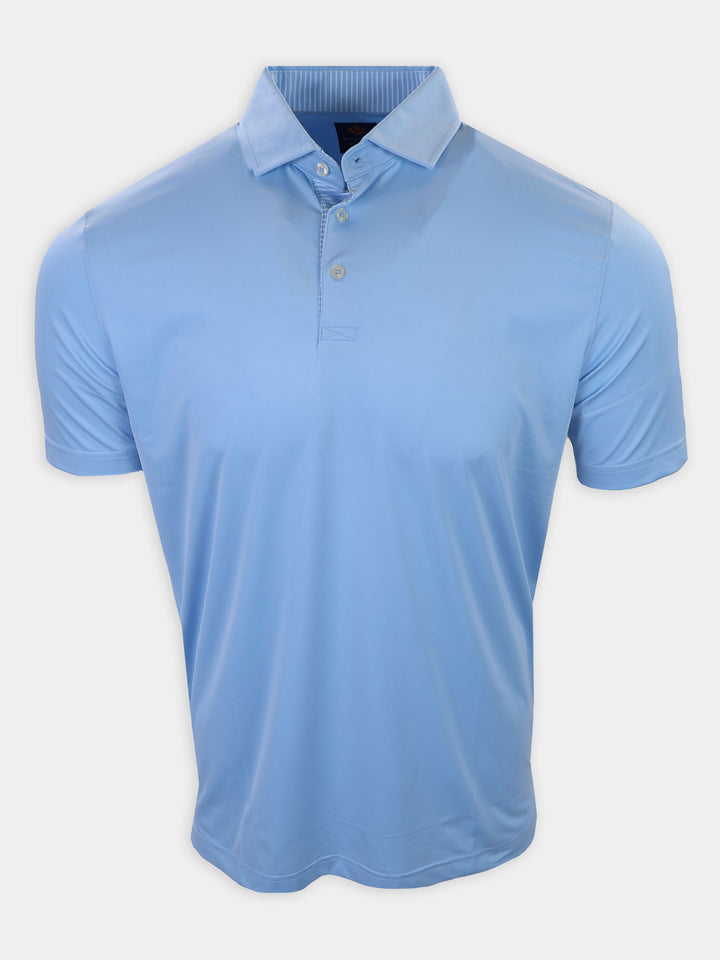 Light blue polo shirt displayed against a white background.