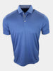A blue polo shirt with a striped collar and three buttons is displayed.
