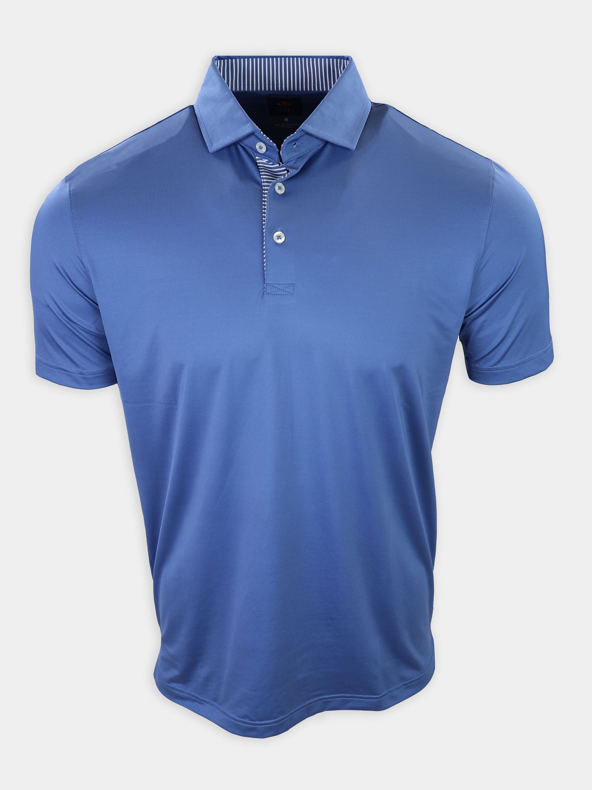 A blue polo shirt with a striped collar and three buttons is displayed.