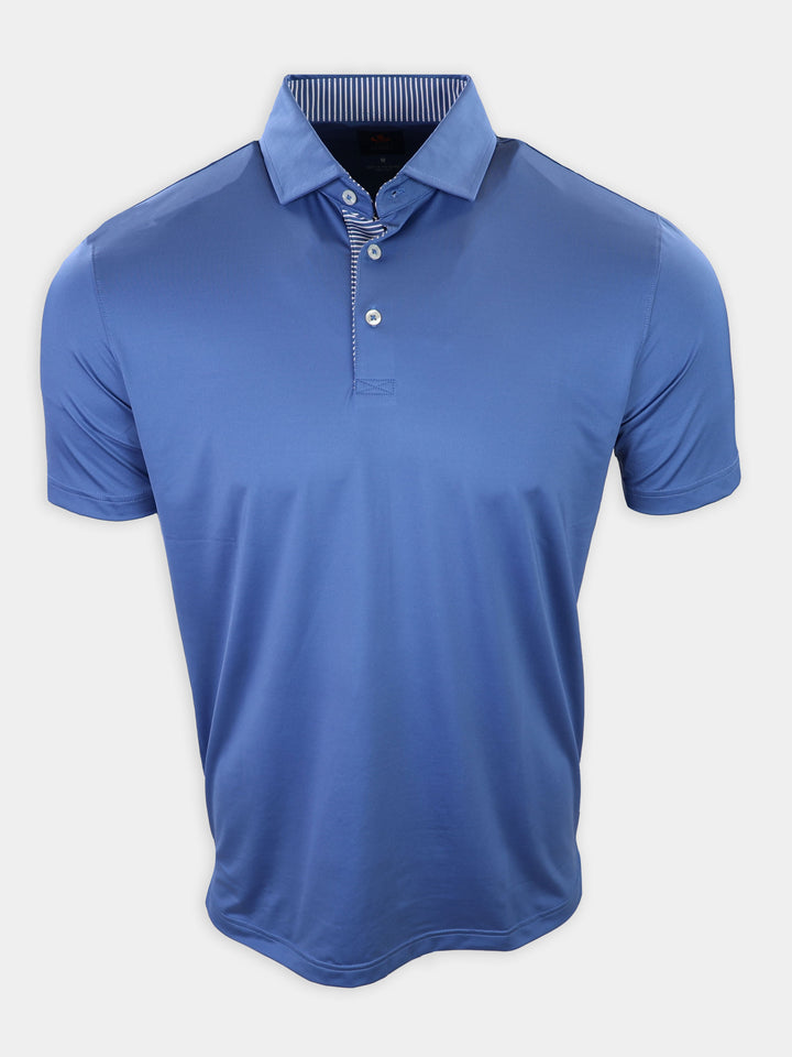 A blue polo shirt with a striped collar and three buttons is displayed.