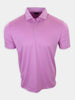 Short-sleeved, pink polo shirt displaying three buttons and a striped collar.