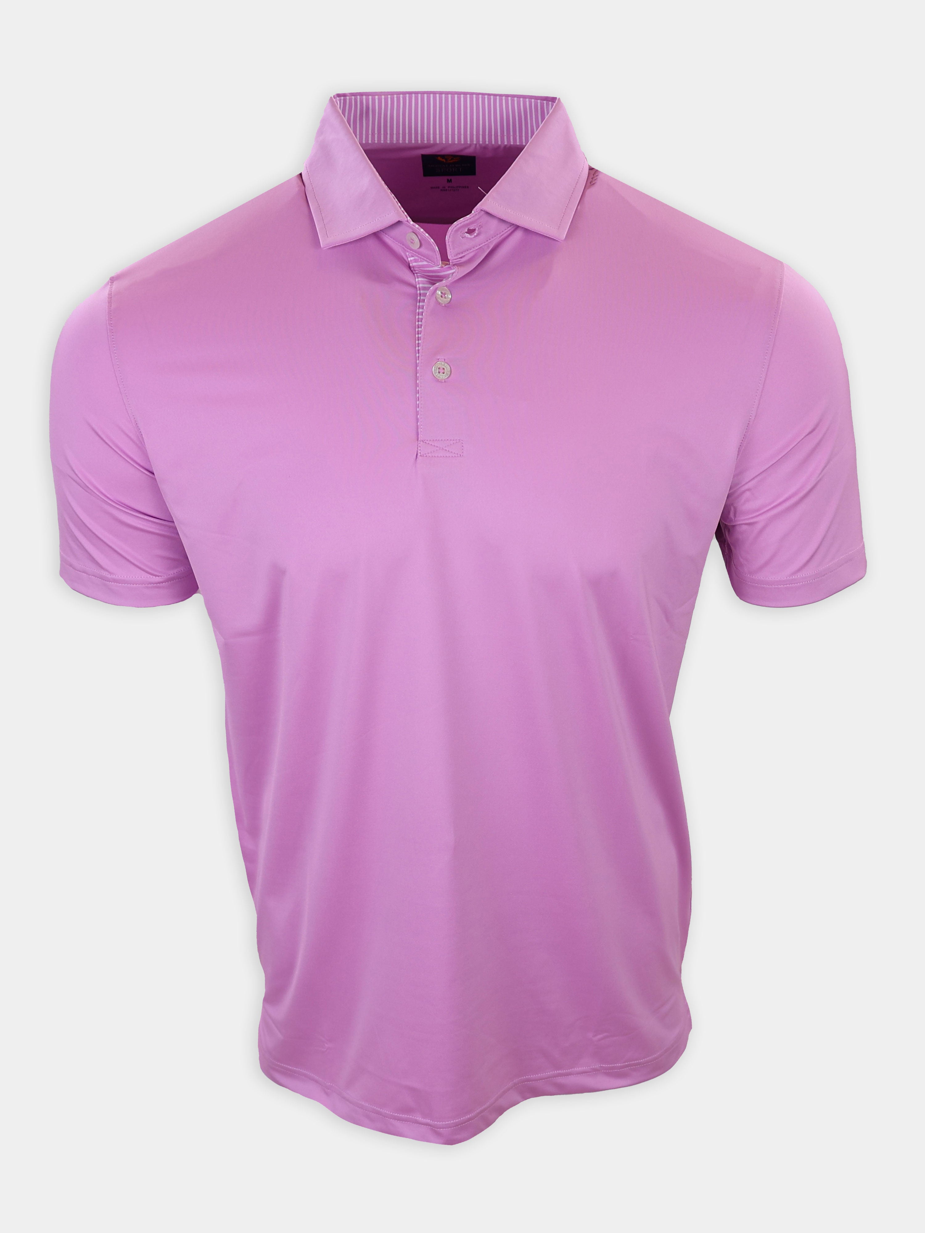 Short-sleeved, pink polo shirt displaying three buttons and a striped collar.
