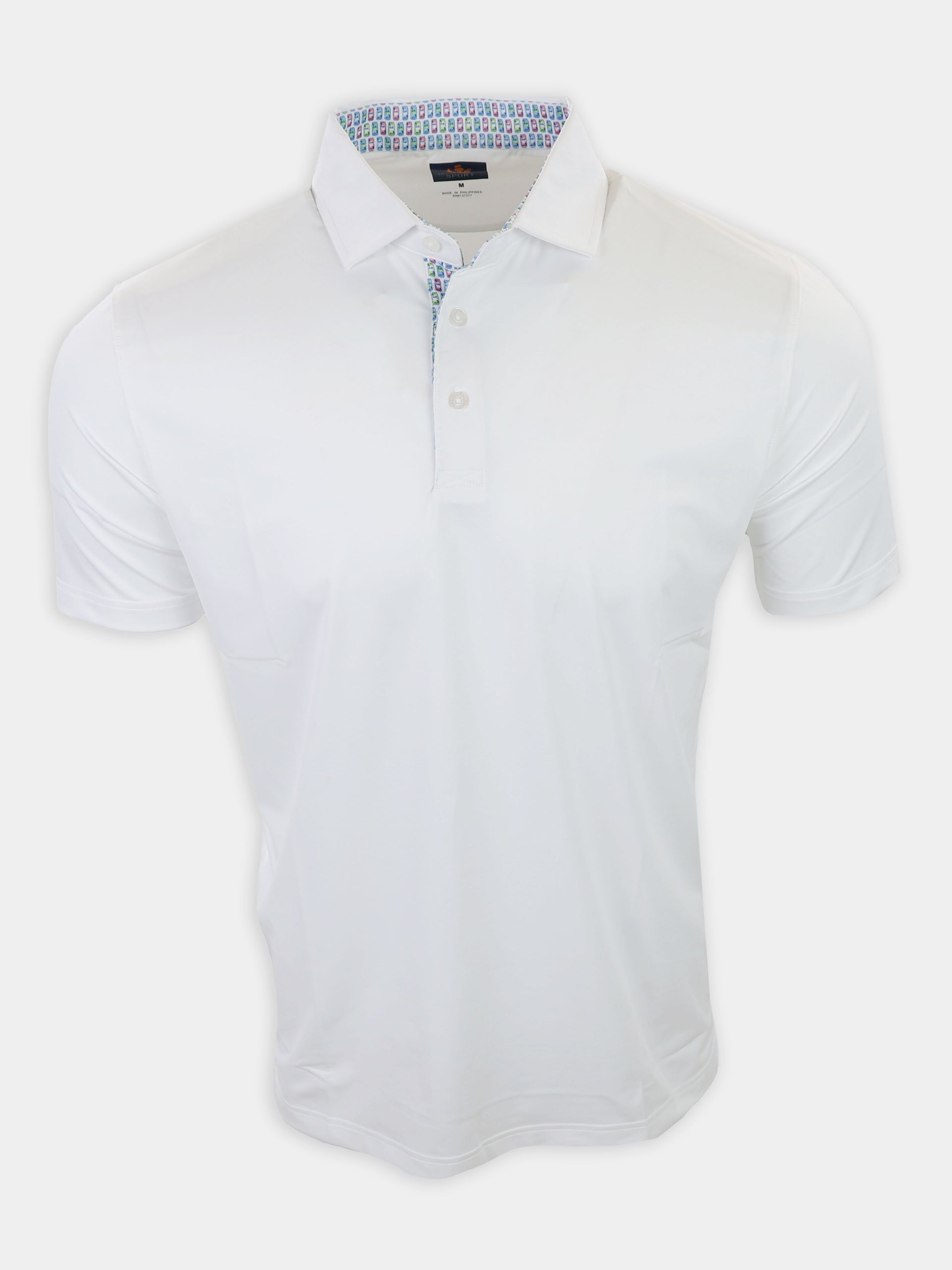 A plain white polo shirt with a patterned collar displays a front view.