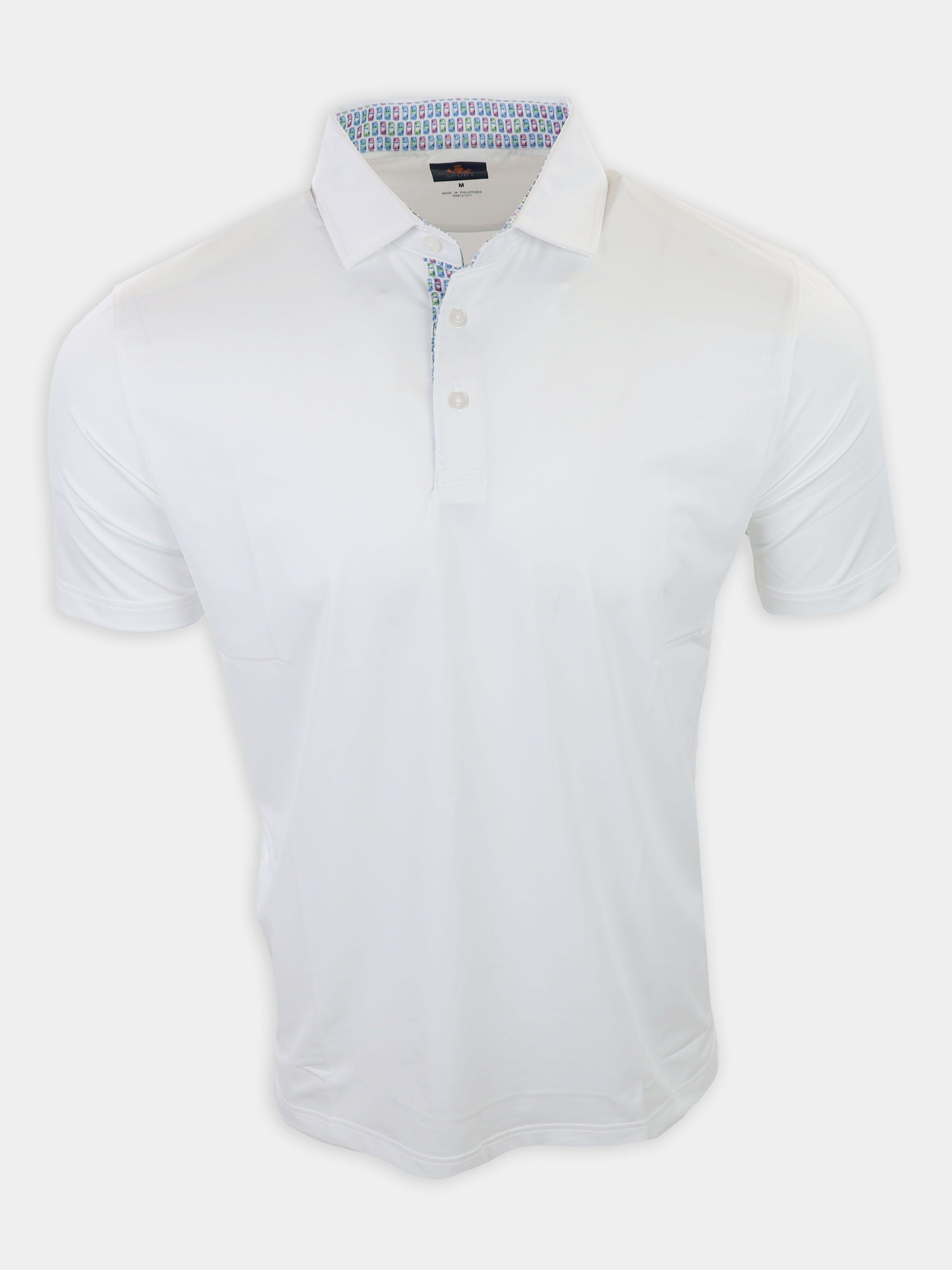 A plain white polo shirt with a patterned collar displays a front view.