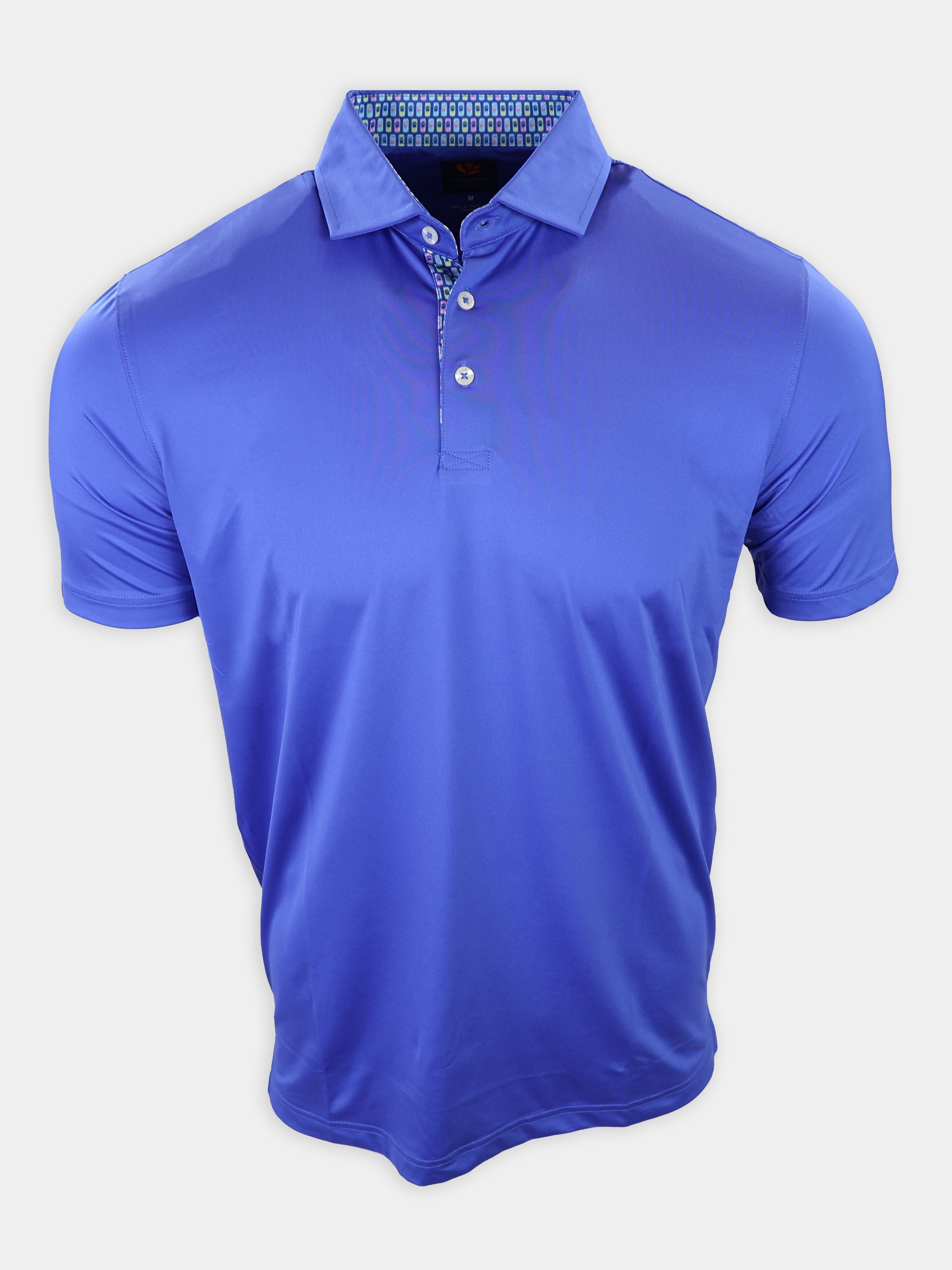 A blue polo shirt with a collar and a patterned interior is displayed against a plain background.