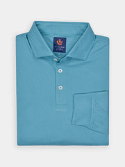 Folded pastel blue long sleeve polo shirt with a collar and three buttons.
