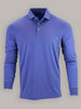 Blue long-sleeve polo shirt with a buttoned collar displayed on a plain grey background. The shirt has a relaxed fit and a formal-casual style.