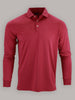 A red long-sleeve polo shirt with a collar and three buttons, displayed on a plain gray background. The shirt looks casual and comfortable.