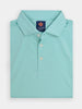 Folded light turquoise men's golf polo shirt with three white buttons, neatly displayed