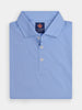 Blue golf polo shirt neatly folded, featuring a pointed collar, three white buttons