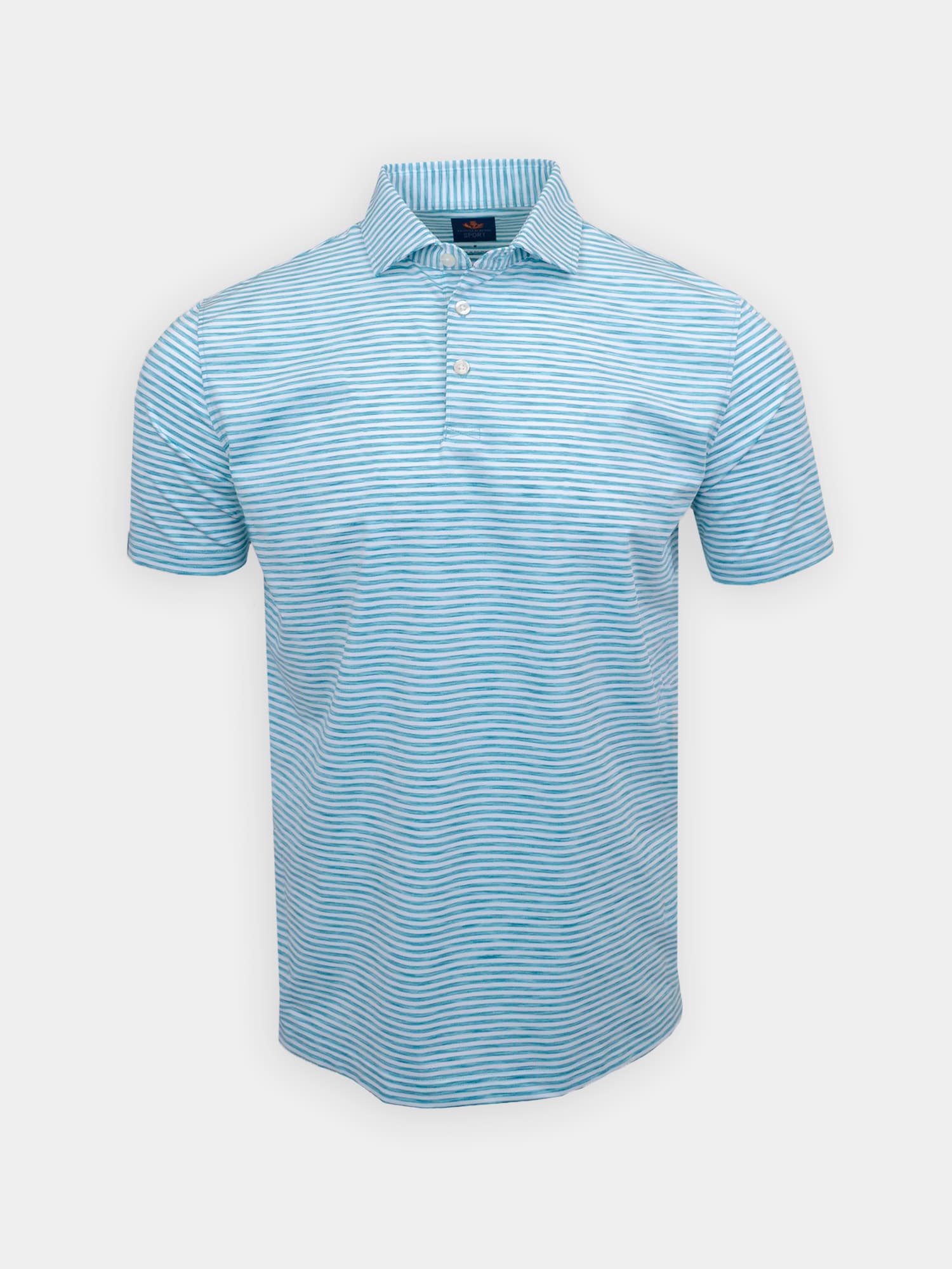 Light blue and white striped polo shirt on a white background, featuring a three-button placket and classic collar