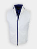 White sleeveless jacket with a blue collar, featuring a front zipper, displayed on a plain background.