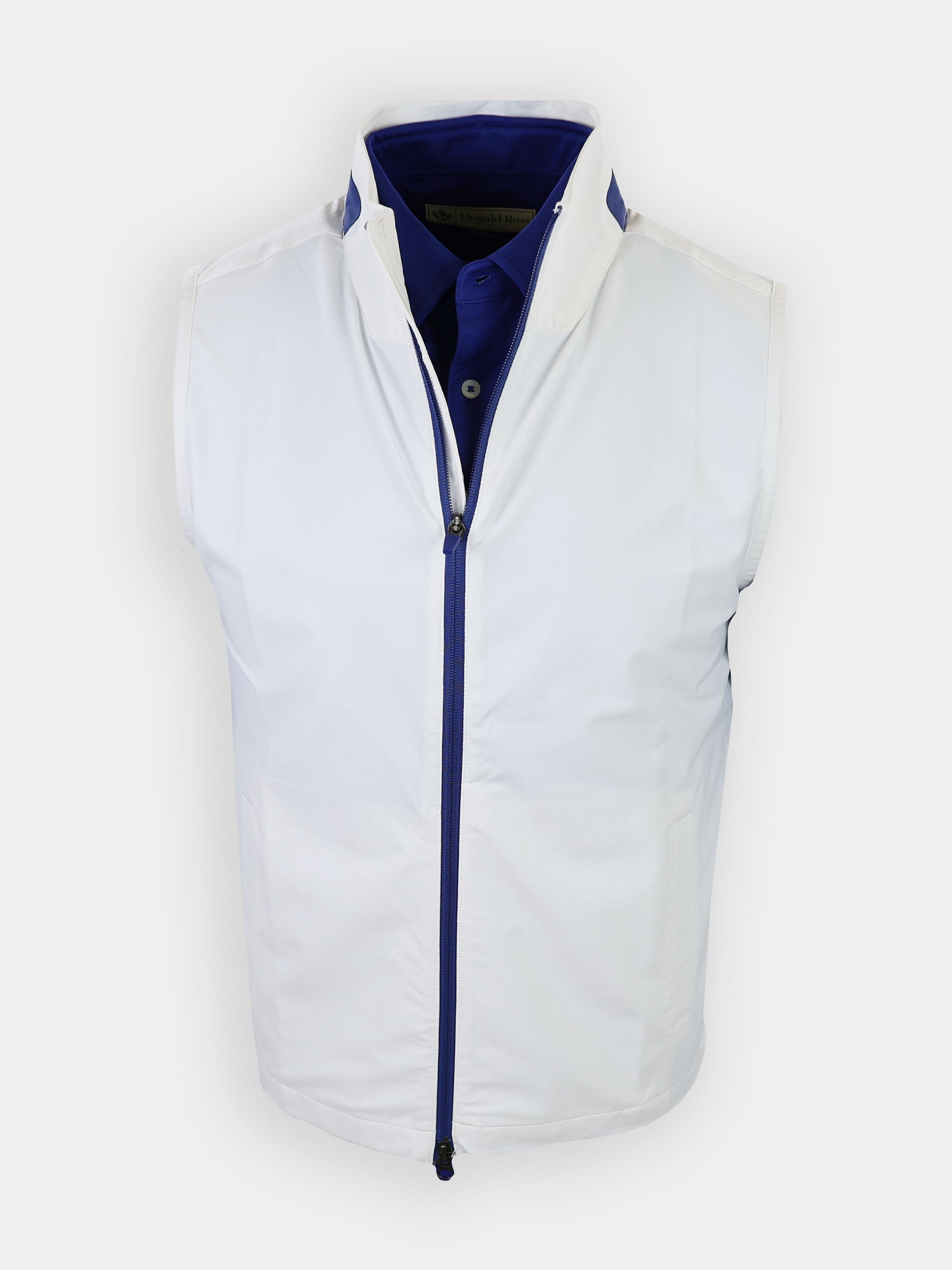 White sleeveless jacket with a blue collar, featuring a front zipper, displayed on a plain background.