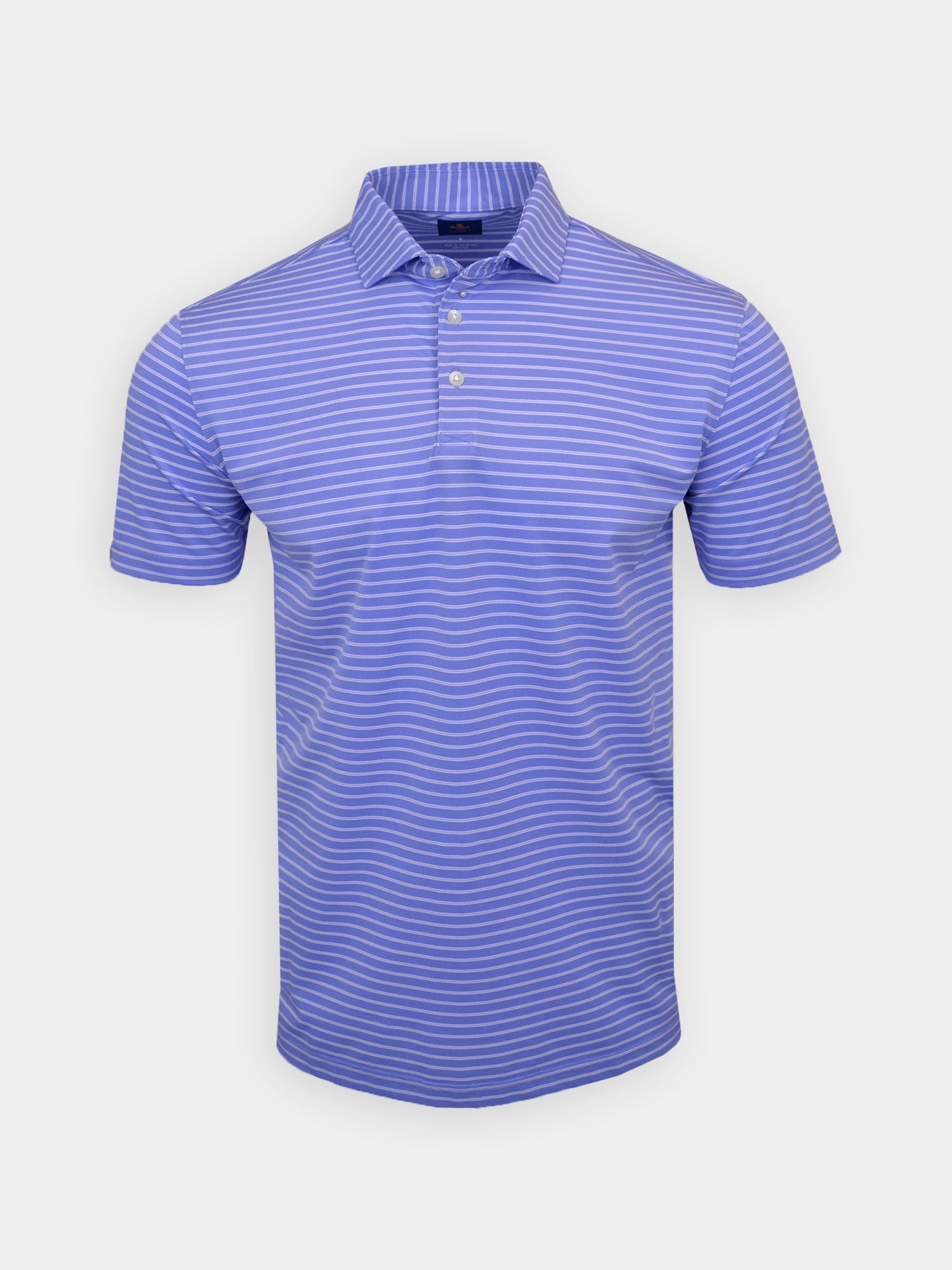 A blue polo shirt with thin white horizontal stripes on a white background