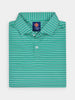 Folded green and white striped golf polo shirt with a collar and two buttons.
