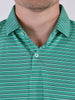 Close-up of a person wearing a green and white multi-striped polo shirt