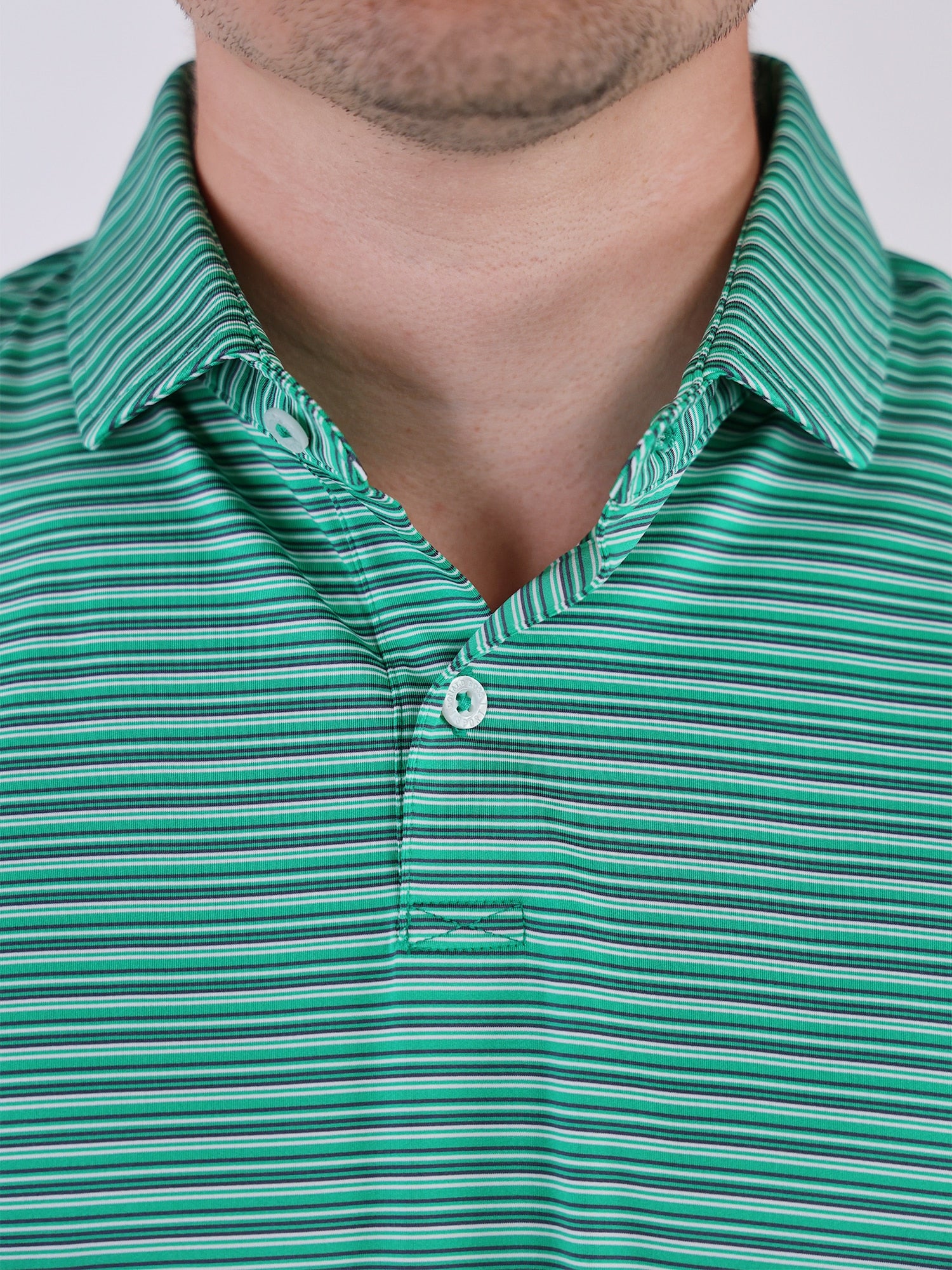 Close-up of a person wearing a green and white multi-striped polo shirt