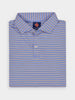 Folded striped polo shirt with thin blue, orange, and white lines. Collared with buttoned placket, featuring a vibrant, casual appearance