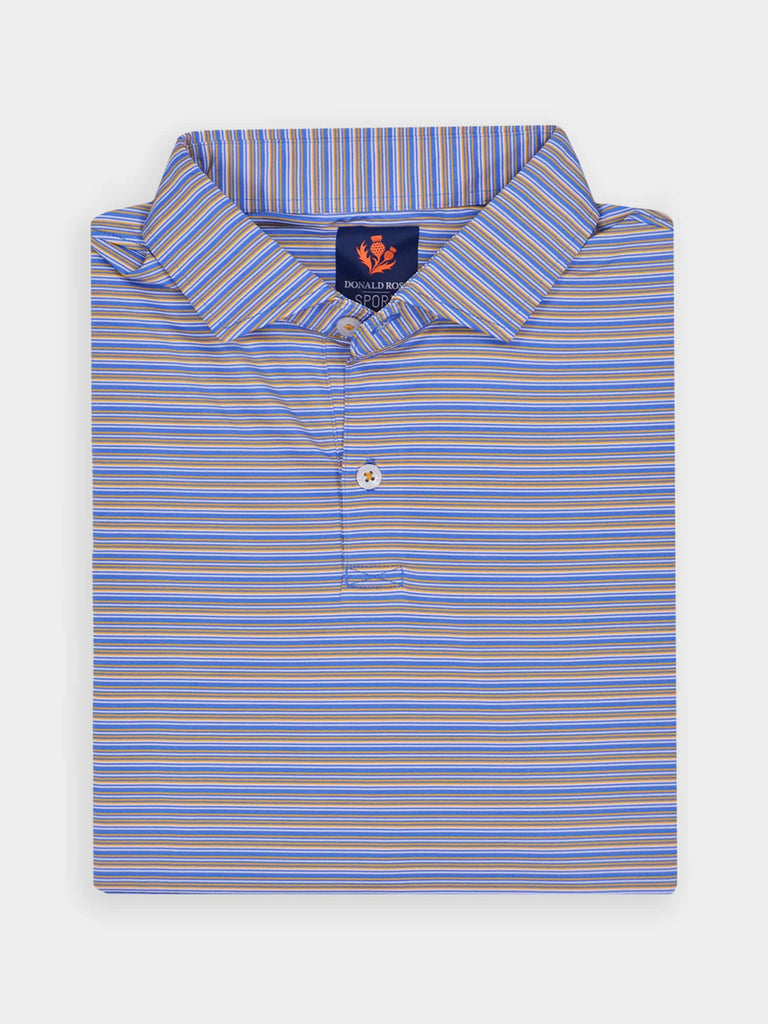 Folded striped polo shirt with thin blue, orange, and white lines. Collared with buttoned placket, featuring a vibrant, casual appearance
