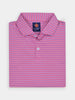 Folded pink and blue striped golf polo shirt with a button-down collar