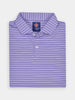 Folded purple and white striped golf polo shirt with a collar and button placket