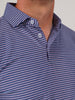 Close-up of a man wearing a blue collared polo shirt with white and pink stripes. The fabric appears soft, conveying a casual and comfortable look.